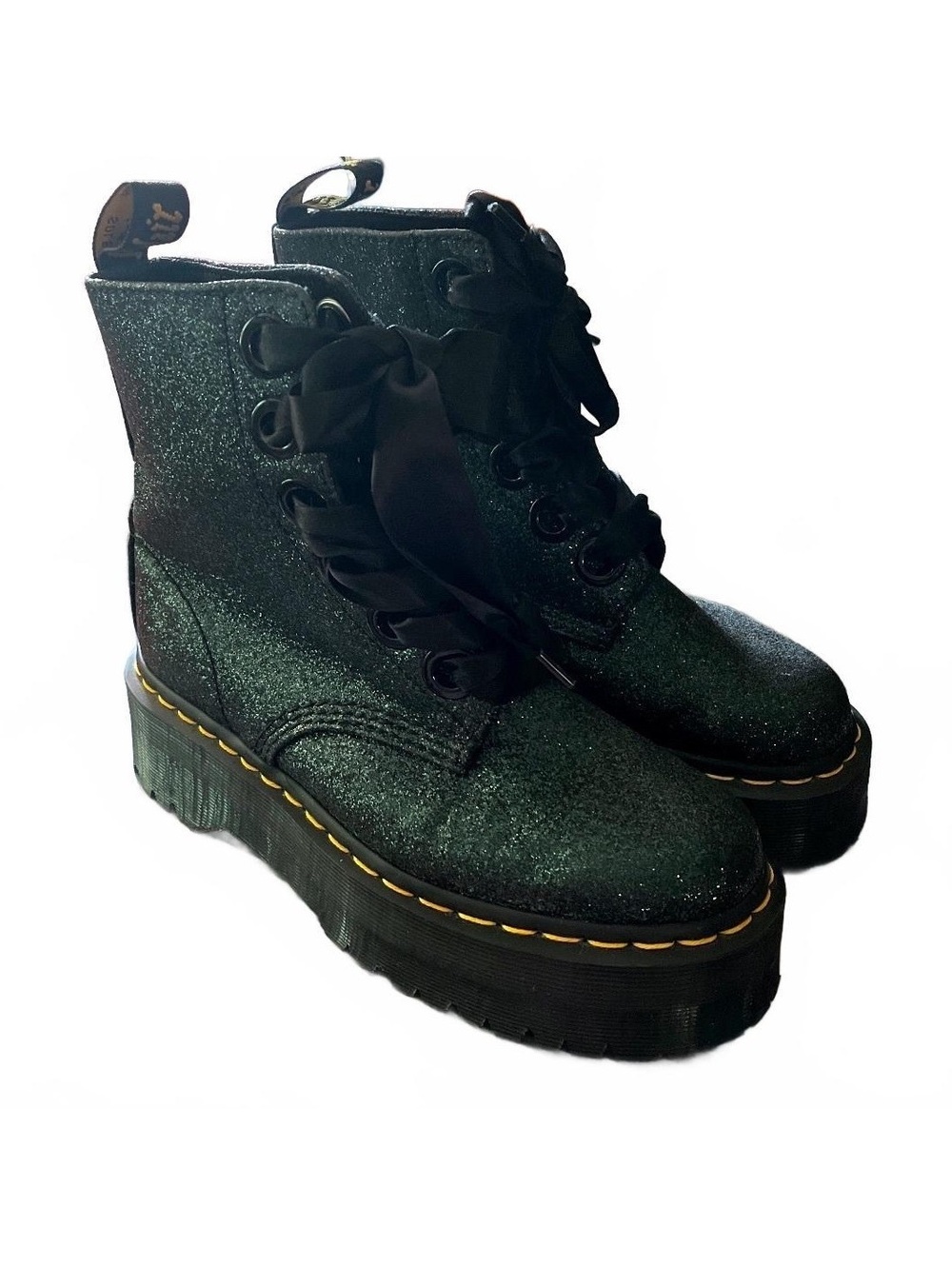 Dr. Martens Molly GLTR Green Glitter Platform Combat Boots US 6